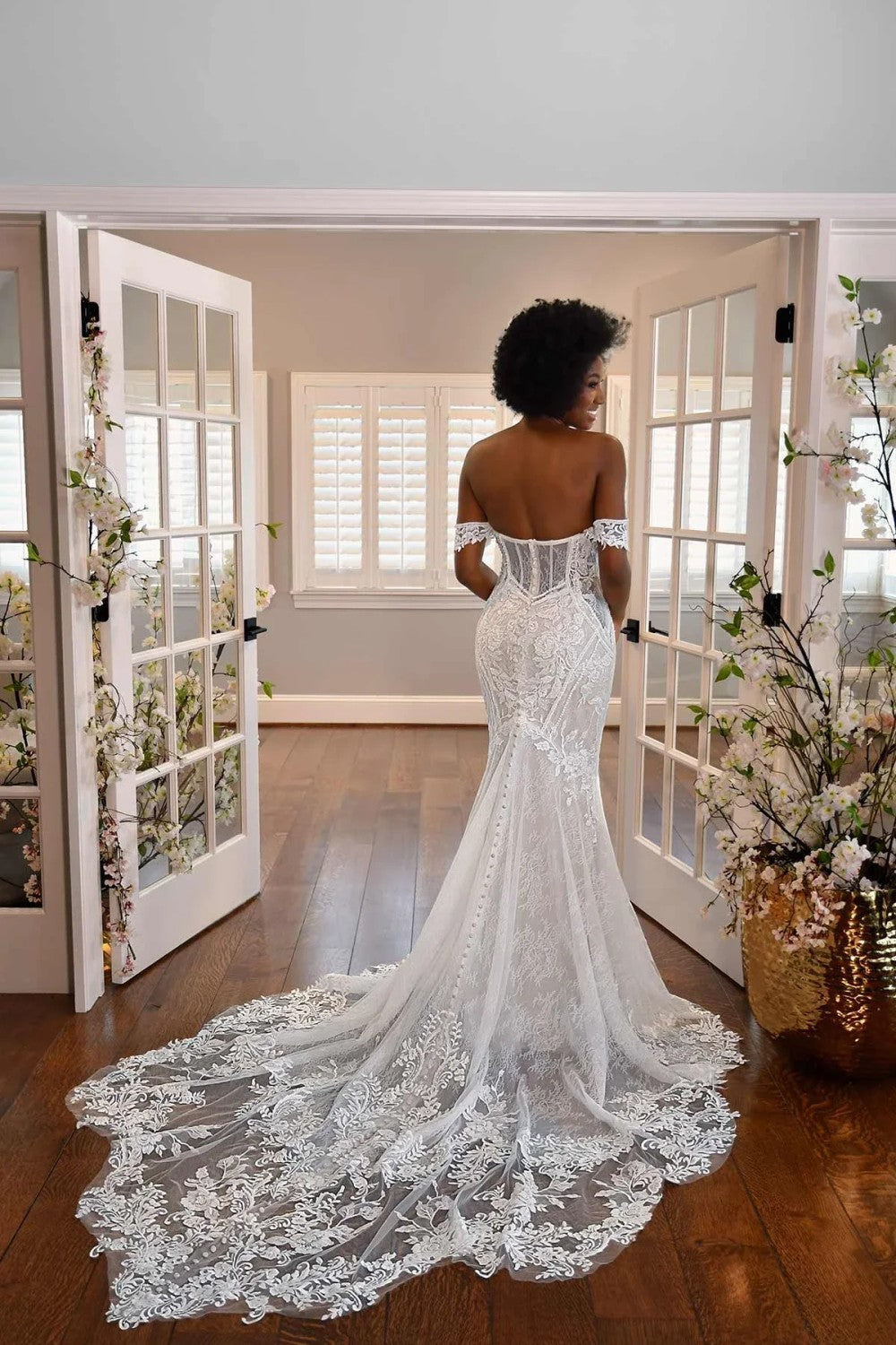 Off-The-Shoulder Lace Fit-And-Flare Wedding Dress With Buttons by Essense of Australia — image 2 of 2