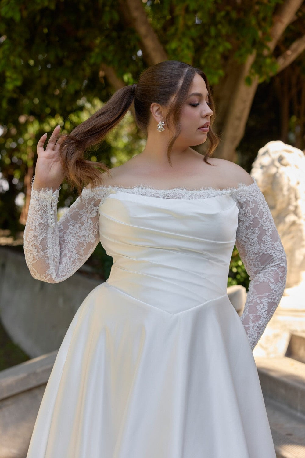 Plus-Size Romantic And Elegant Off-The-Shoulder Long Sleeve A-Line Wedding Dress With Buttons by Essense of Australia — image 1 of 2