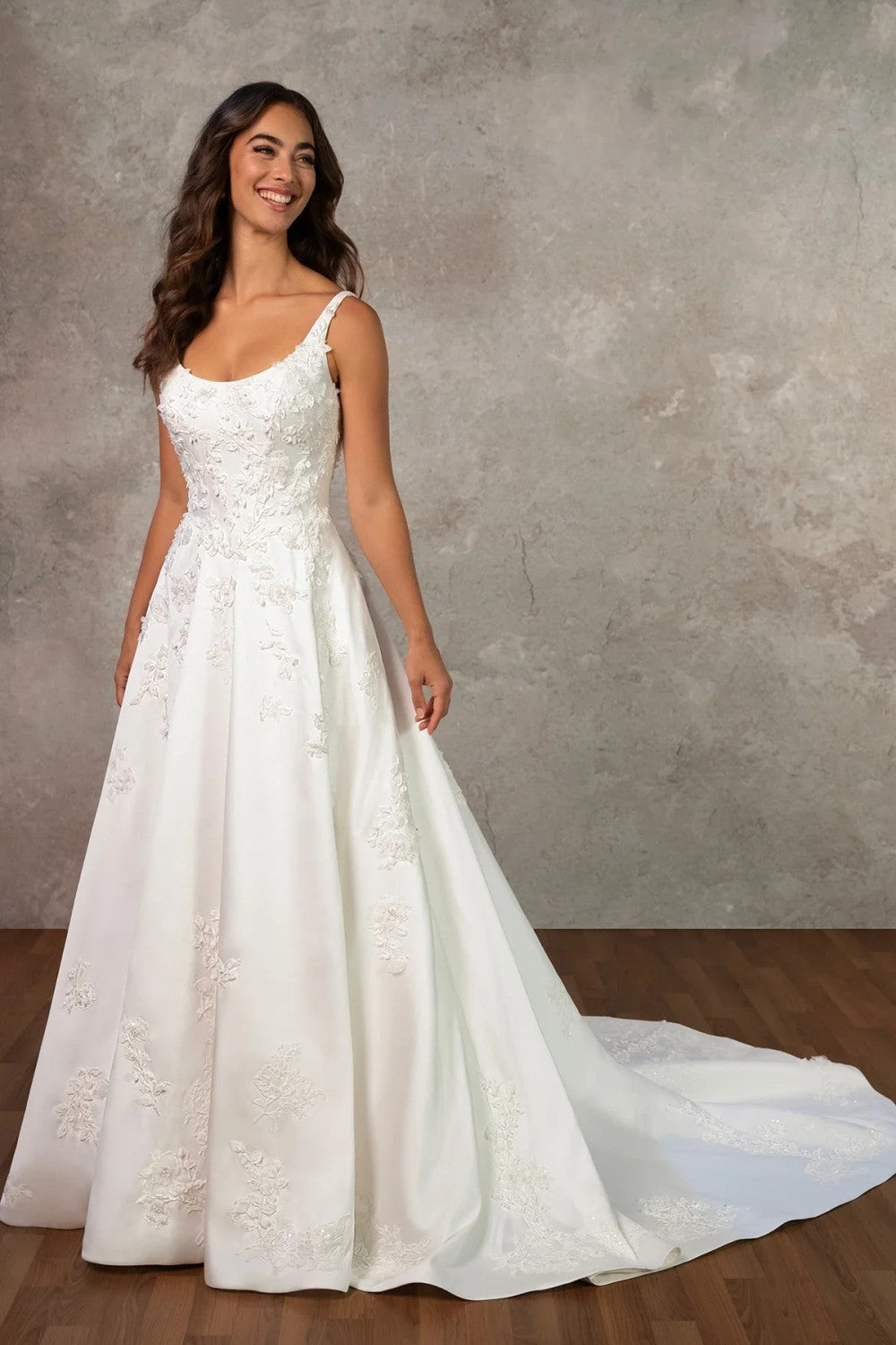 Plus-Size Scoop-Neck 3D Floral Satin A-Line Wedding Dress With Buttons by Essense of Australia — image 1 of 2