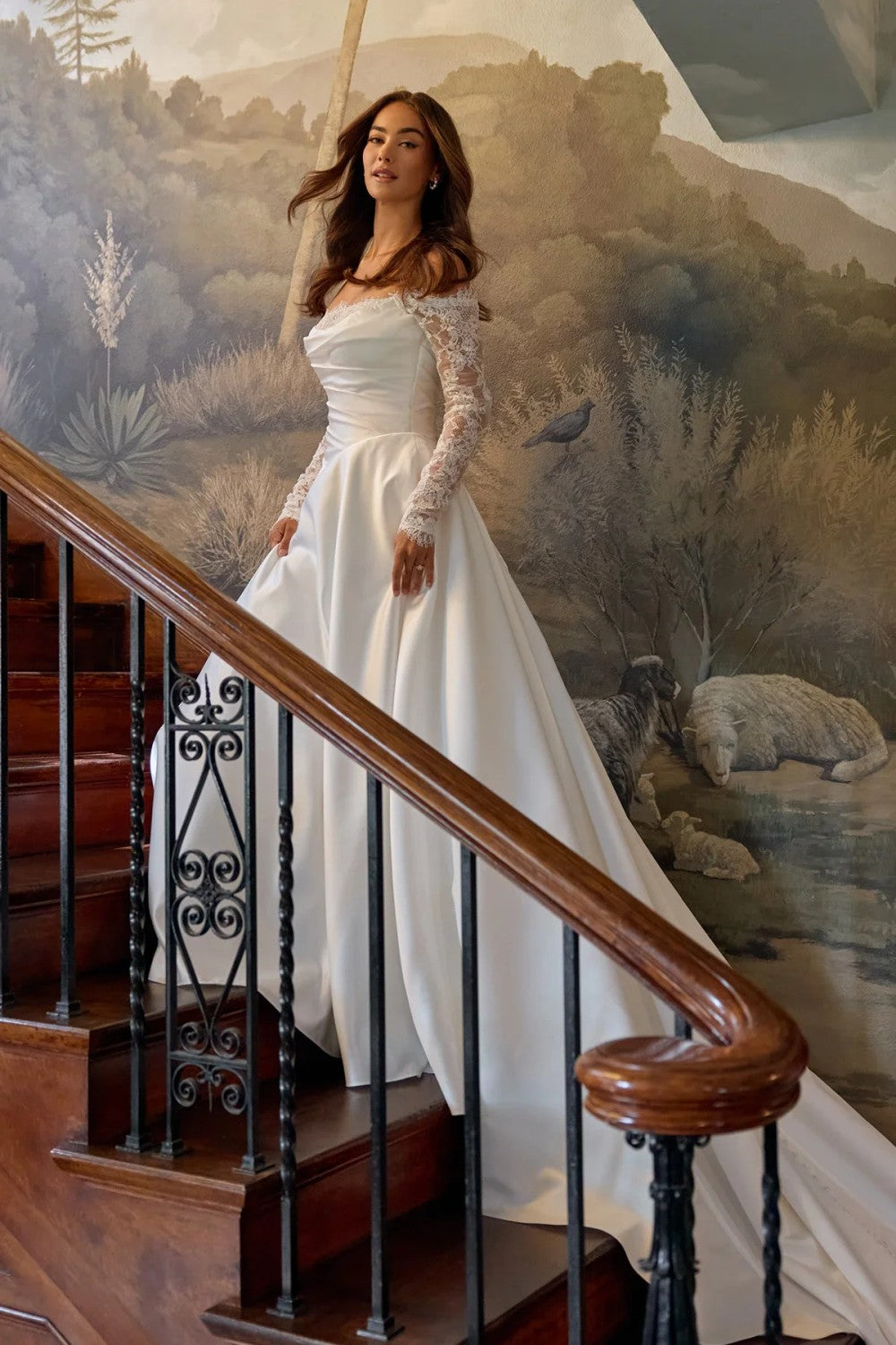 Romantic And Elegant Off-The-Shoulder Long Sleeve A-Line Wedding Dress With Buttons by Essense of Australia — image 1 of 3