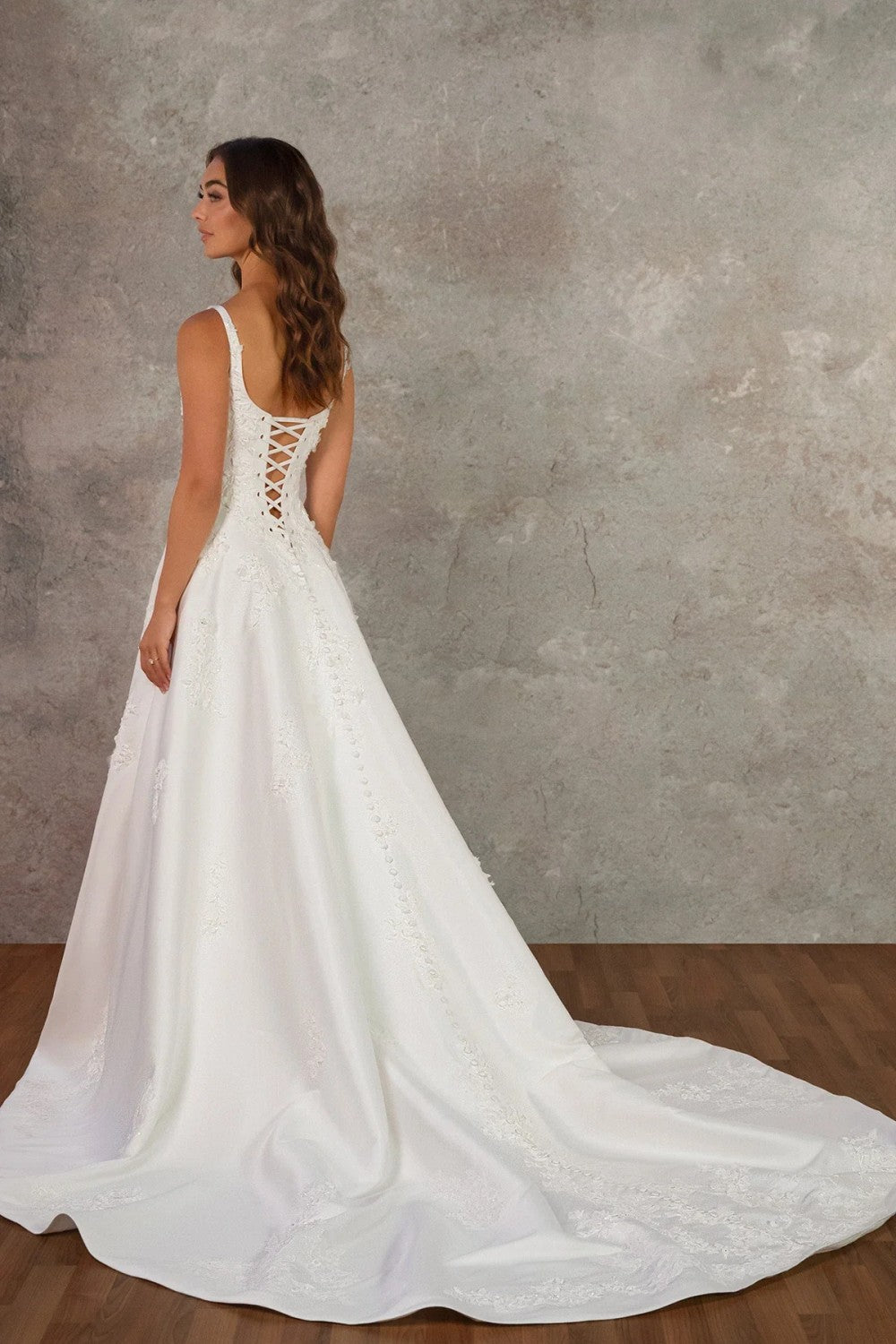 Scoop-Neck 3D Floral Satin A-Line Wedding Dress With Buttons by Essense of Australia — image 2 of 2