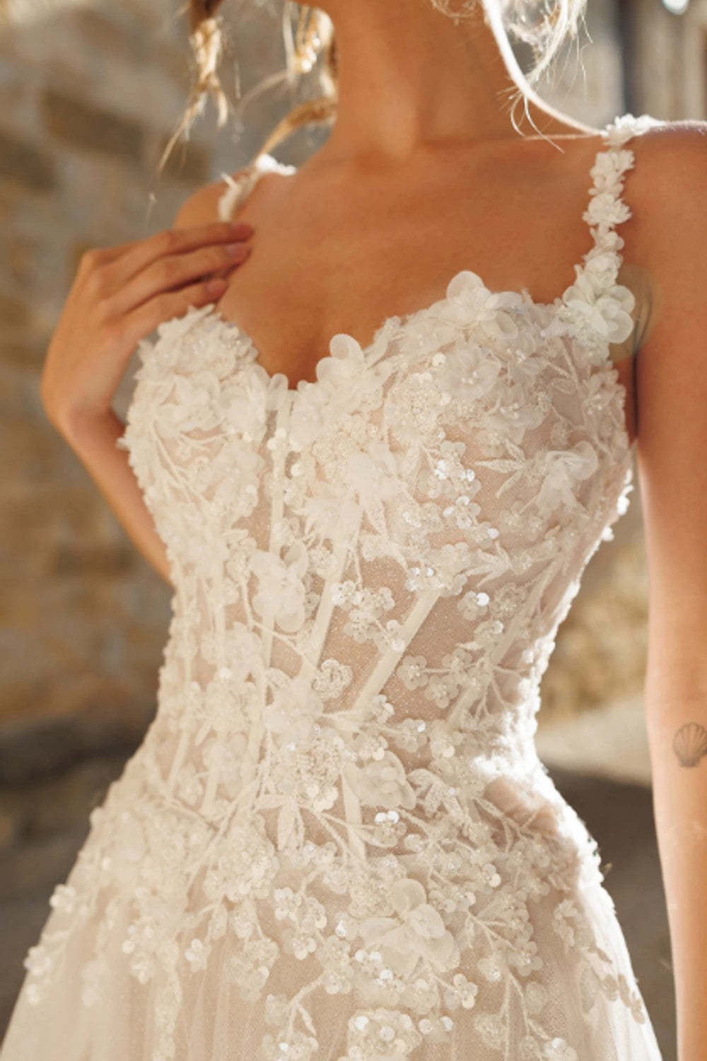 Sparkly 3D Floral A-Line Wedding Dress With Slit by Essense of Australia — image 2 of 3