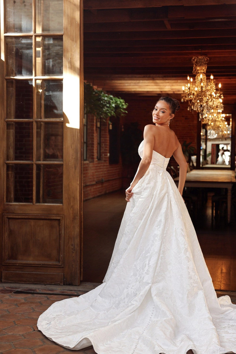Strapless Jacquard Fit-And-Flare Wedding Dress With Detachable Overskirt by Essense of Australia — image 3 of 5