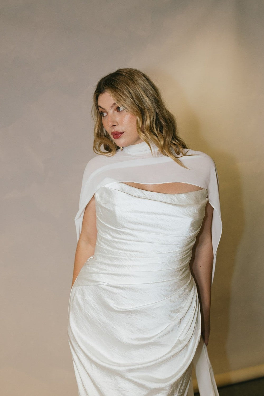 Plus-Size Silk Sheath Wedding Dress With Detachable Cape And Neck Scarf by Hera Couture — image 2 of 4