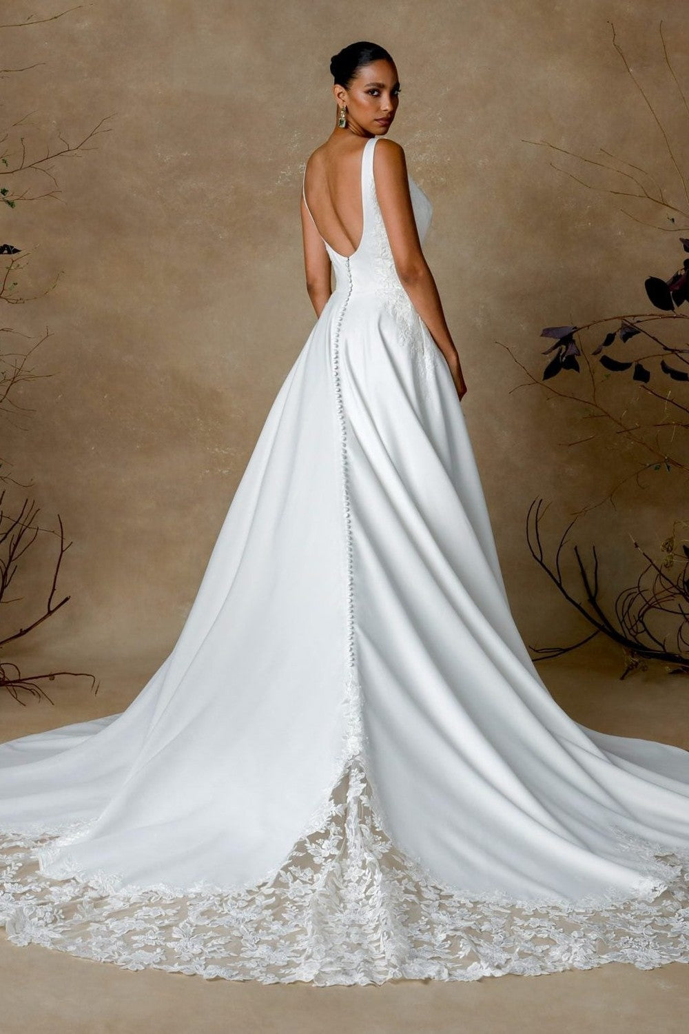 Classic And Dramatic V-Neck Satin Ball Gown With Lace Train by Justin Alexander — image 2 of 2