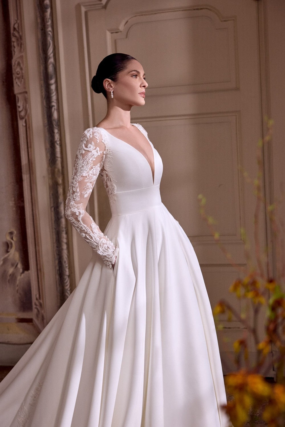 Plus-Size Classic Satin A-Line Wedding Dress With Illusion Sleeves by Justin Alexander — image 2 of 5
