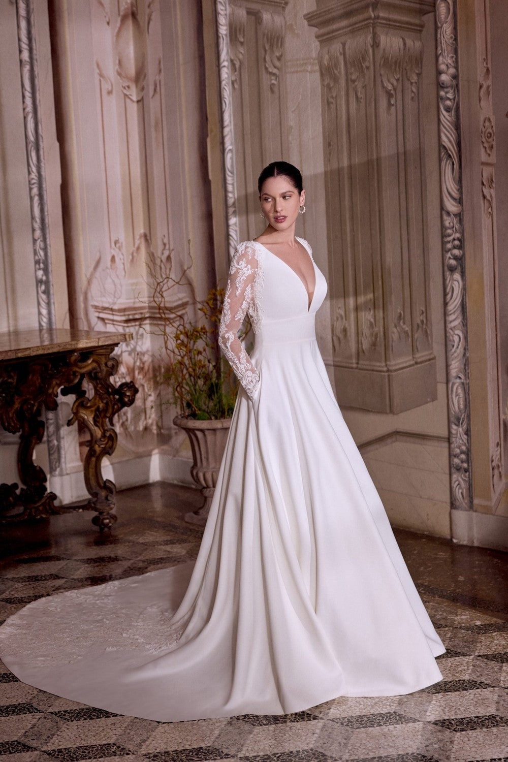Classic Satin A-Line Wedding Dress With Illusion Sleeves by Justin Alexander — image 1 of 5