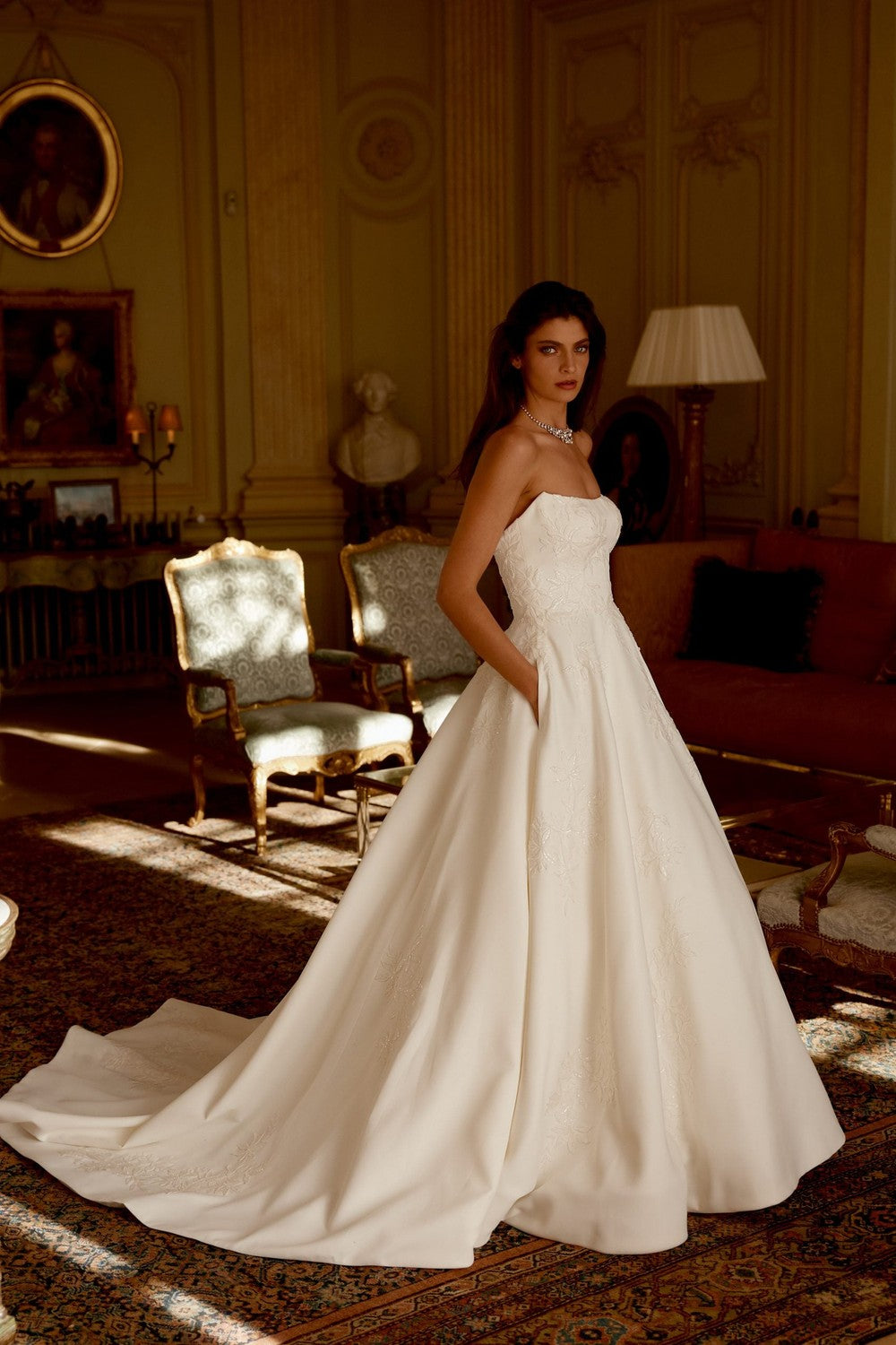 Lace-Embroidered Satin A-Line Wedding Dress With Pockets by Justin Alexander — image 1 of 2