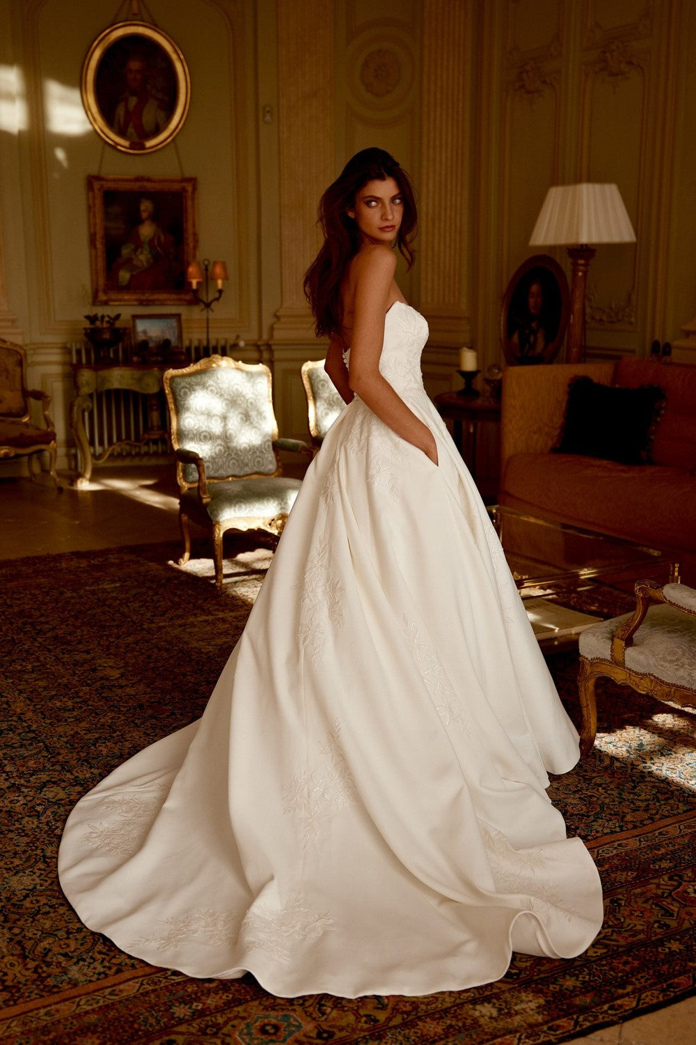 Lace-Embroidered Satin A-Line Wedding Dress With Pockets by Justin Alexander — image 2 of 2