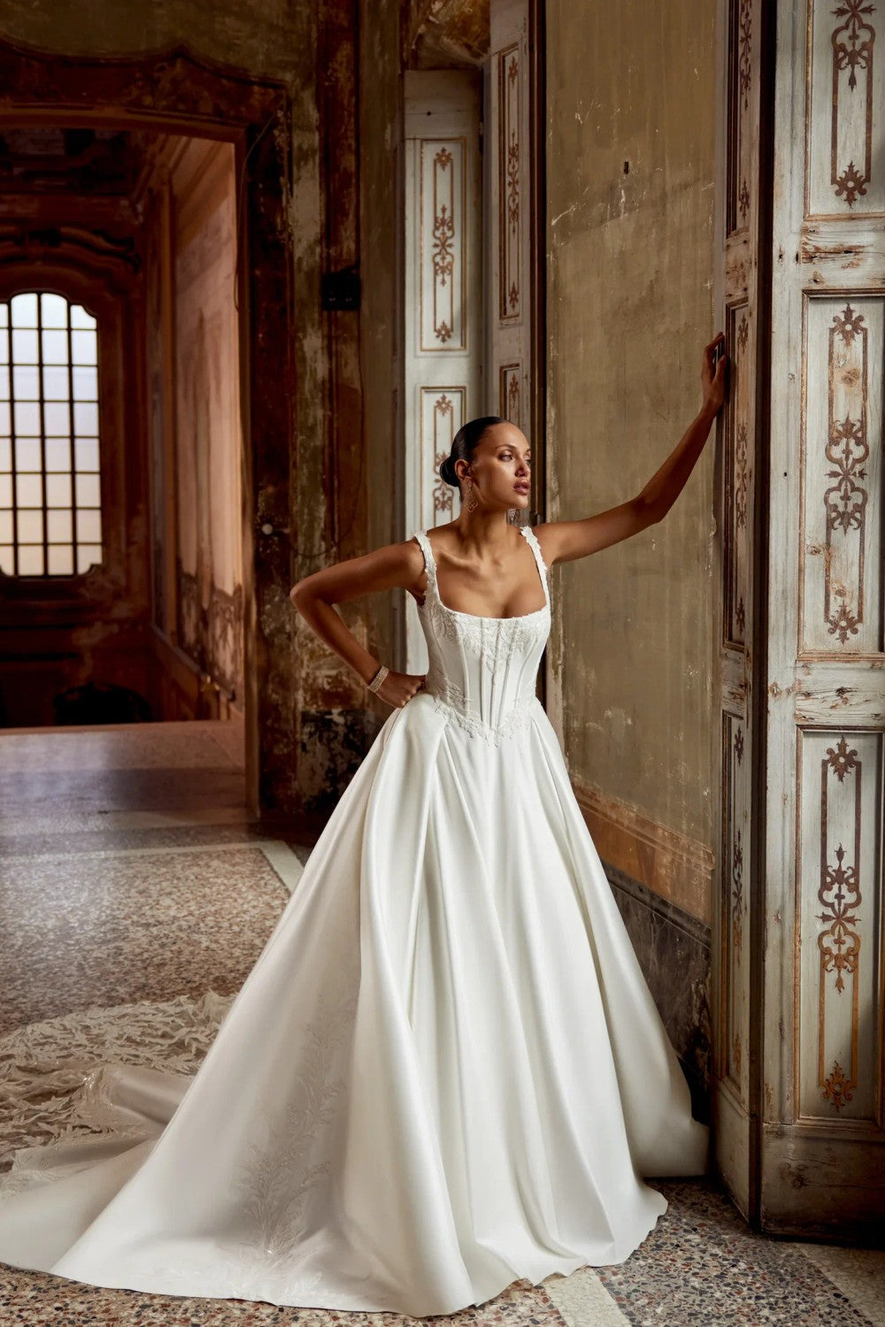 Modern Square-Neck Basque-Waist Ball Gown With Buttons by Justin Alexander