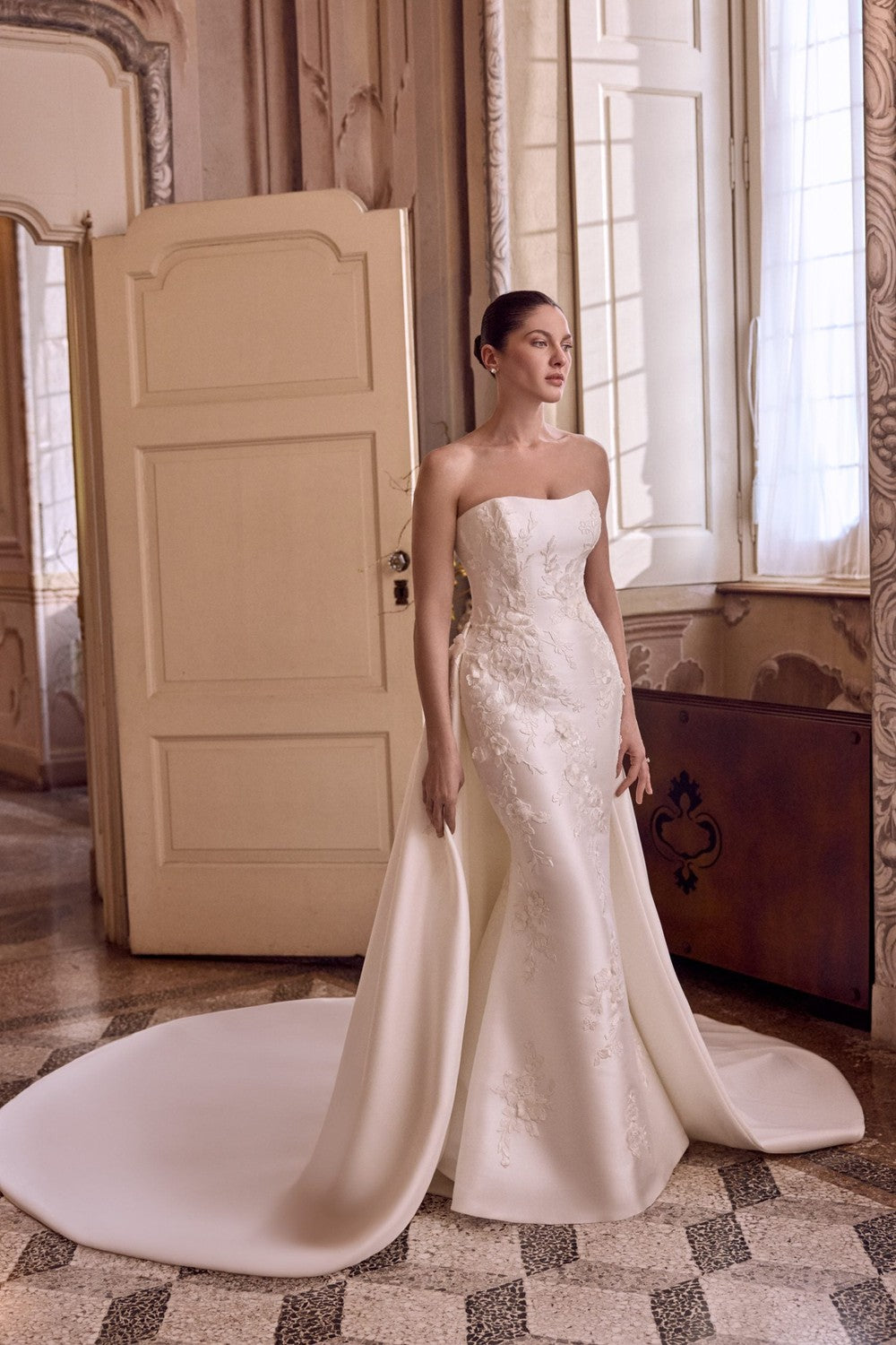 Plus-Size Strapless 3D Floral Silk Fit-And-Flare Wedding Dress With Detachable Overskirt by Justin Alexander — image 1 of 4