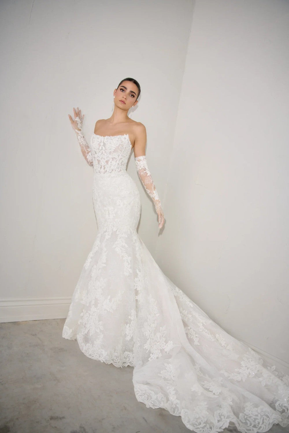 Plus-Size Strapless Lace Fit-And-Flare Wedding Dress With Detachable Sleeves by Justin Alexander — image 1 of 3