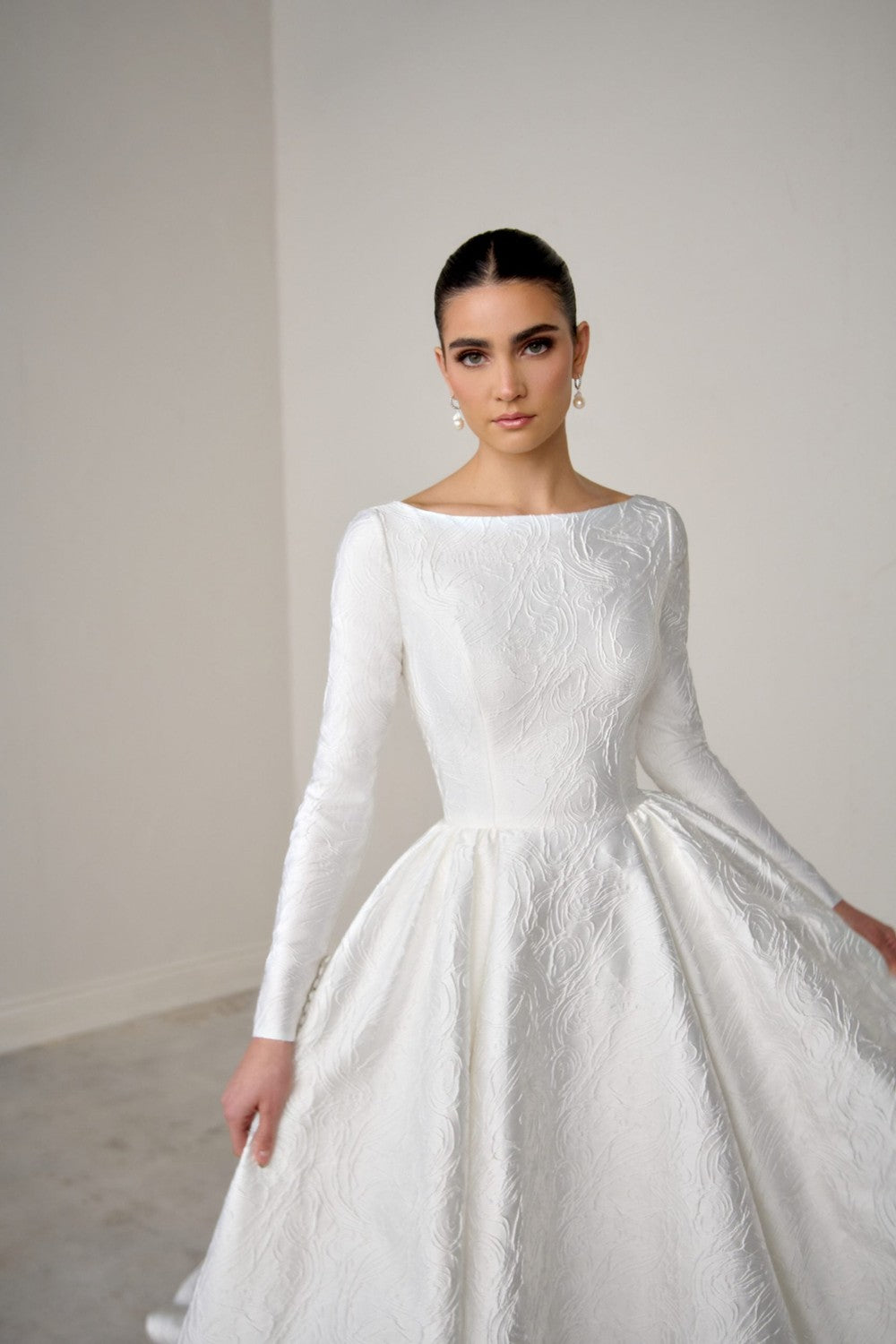 High-Neck Long Sleeve Brocade A-Line Wedding Dress With Open Back And Buttons by Justin Alexander Signature — image 2 of 3