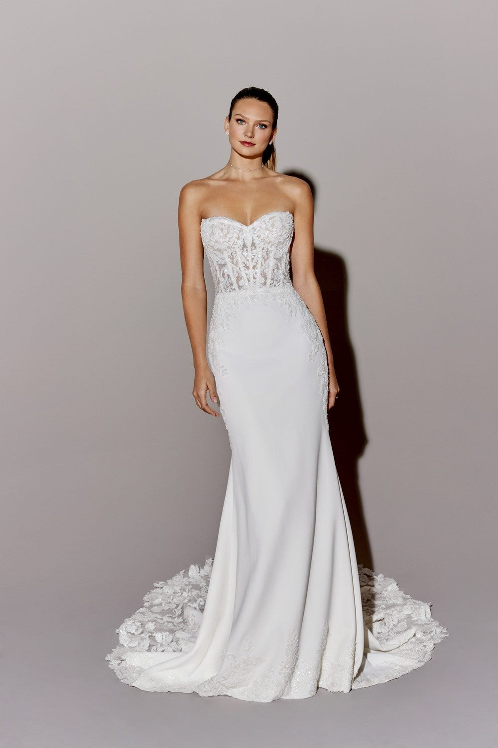 Romantic Lace And Crepe Fit-and-Flare Wedding Dress With Buttons by Justin Alexander Signature — image 1 of 2