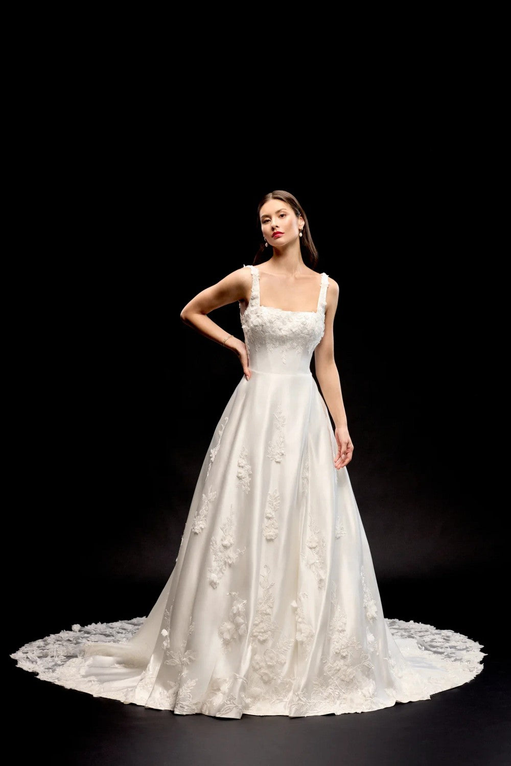 Square-Neck 3D Floral Satin A-Line Wedding Dress With Buttons by Justin Alexander Signature — image 1 of 3