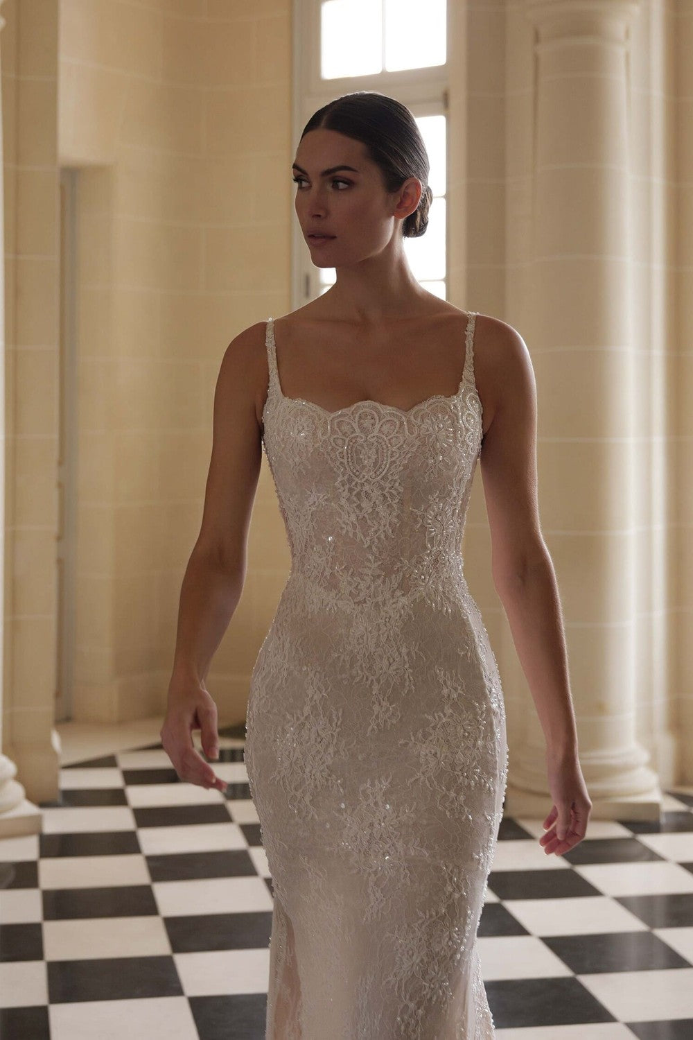 Sophisticated Square-Neck Embellished Lace Sheath Wedding Dress by Lee Petra Grebenau — image 2 of 3