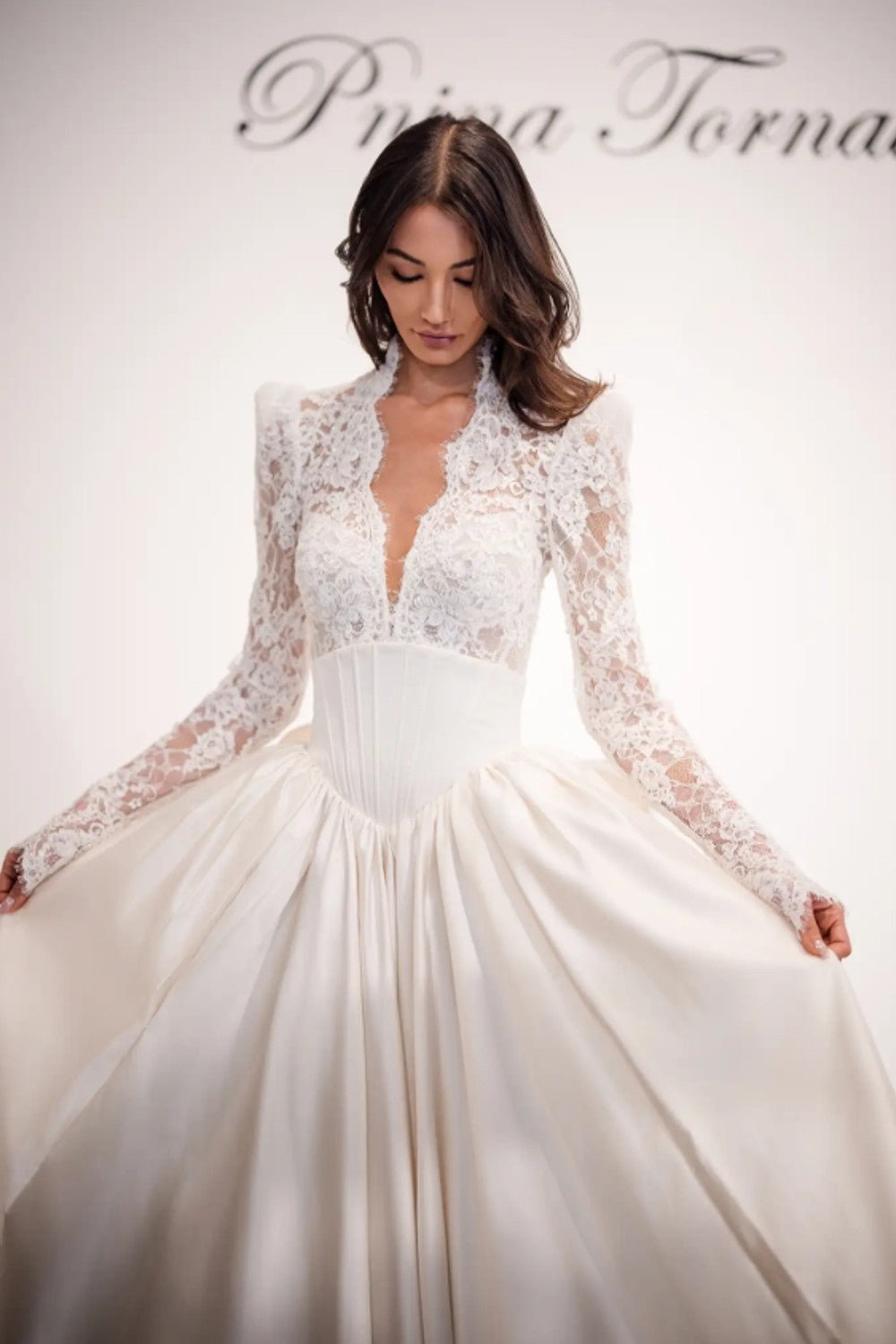 Long Sleeve Lace And Satin Ball Gown With Bow by Love by Pnina Tornai — image 1 of 2