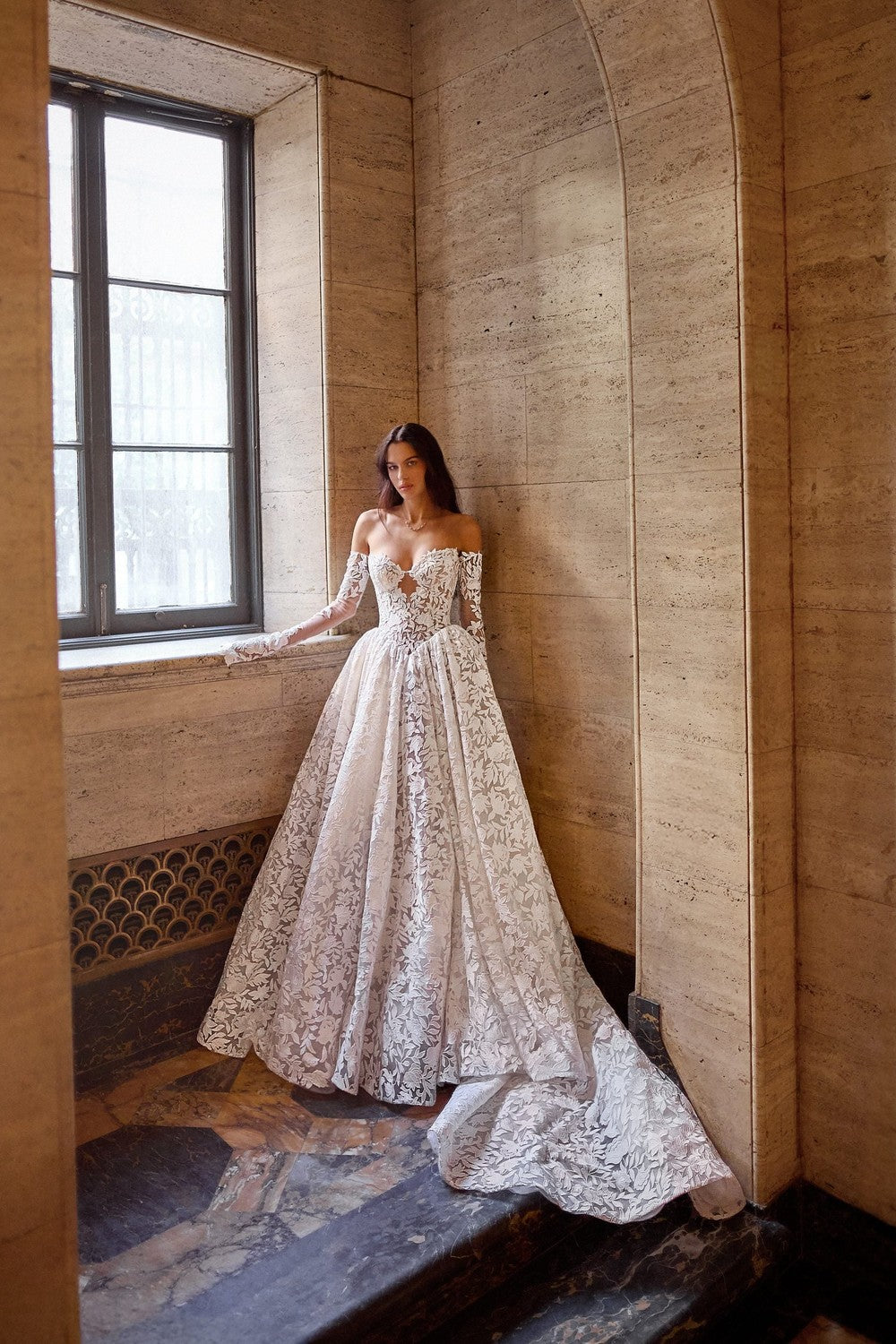 Dramatic Basque-Waist Lace Ball Gown With Detachable Sleeves by Love by Pnina Tornai — image 1 of 2