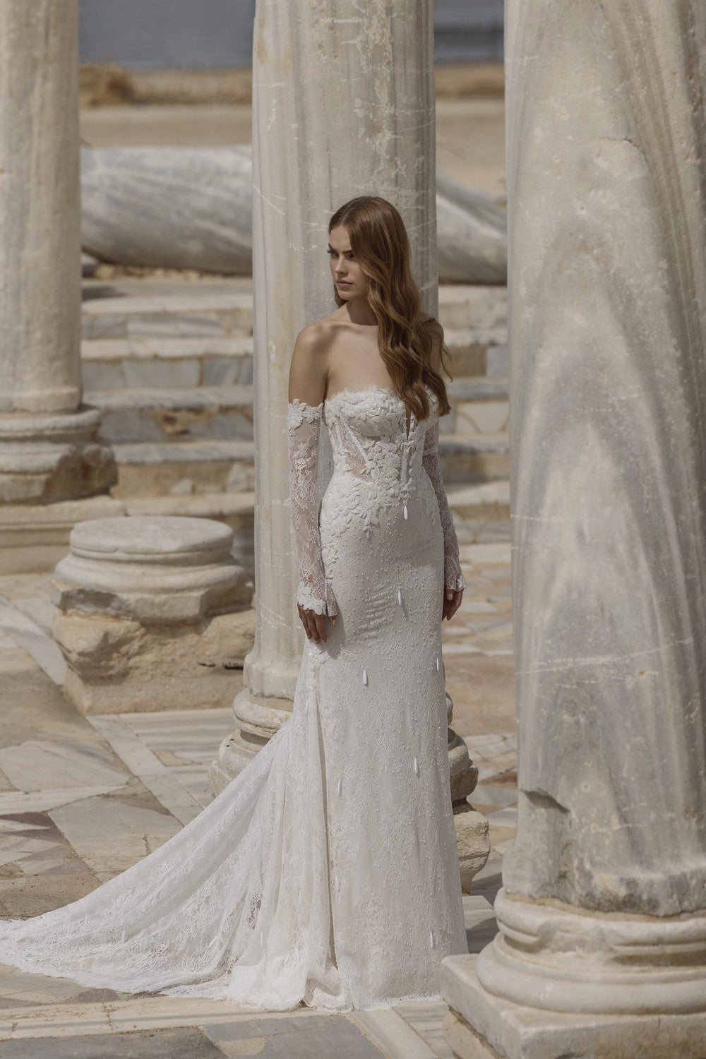 Lace Fit-and-Flare Wedding Dress With Detachable Long Sleeves by Love by Pnina Tornai — image 1 of 2