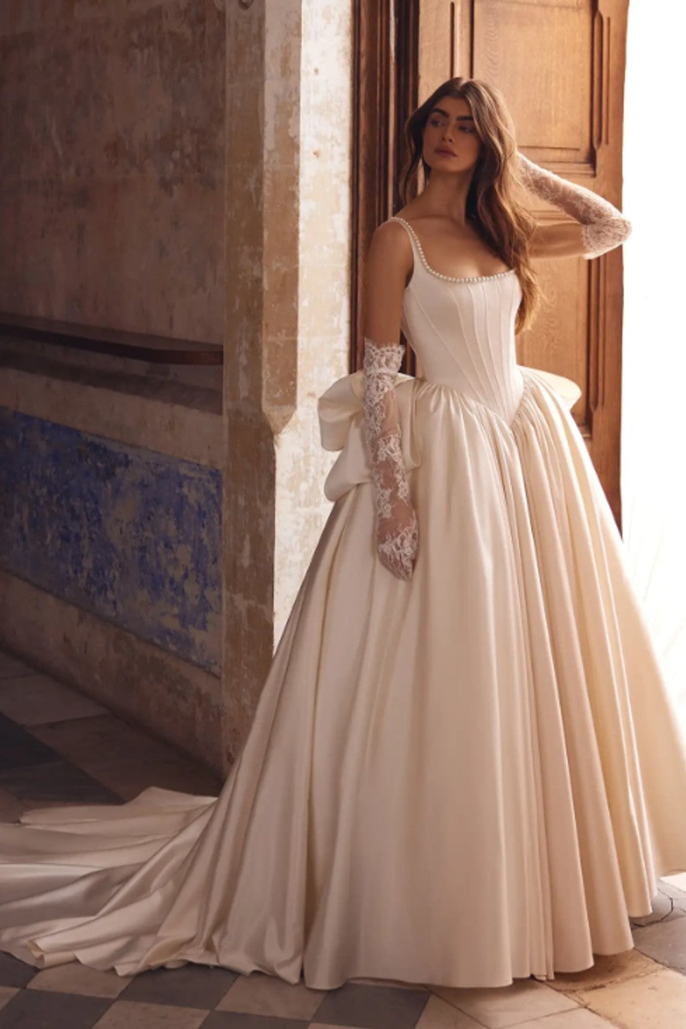 Plus-Size Timeless Basque-Waist Satin Ball Gown With Bow by Love by Pnina Tornai — image 2 of 3