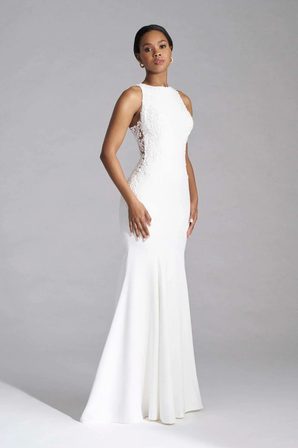 Chic And Modern High-Neck Crepe Fit-And-Flare Wedding Dress With Open Back by Madison James — image 1 of 2