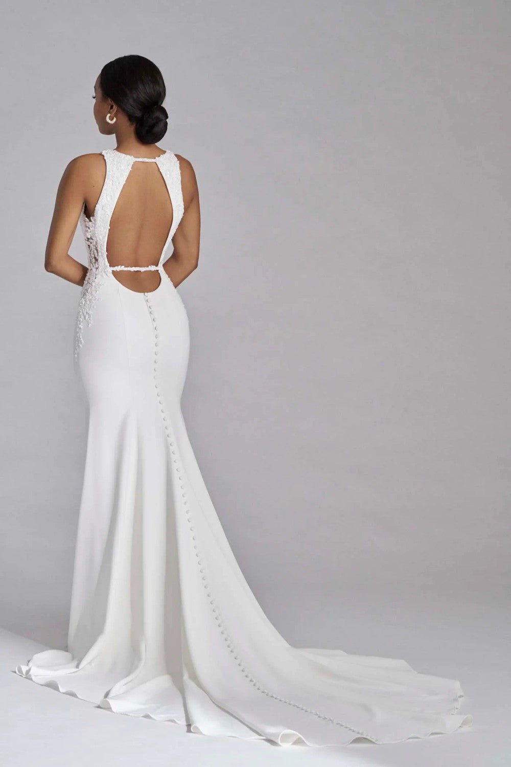 Chic And Modern High-Neck Crepe Fit-And-Flare Wedding Dress With Open Back by Madison James — image 2 of 2