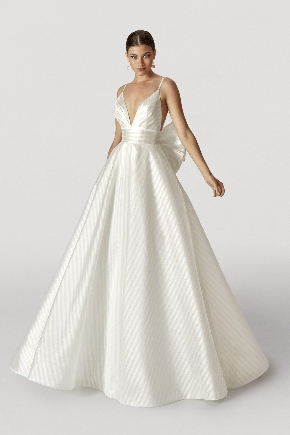 Classic And Unique Striped Ball Gown With Bow And Buttons by Madison James — image 1 of 2