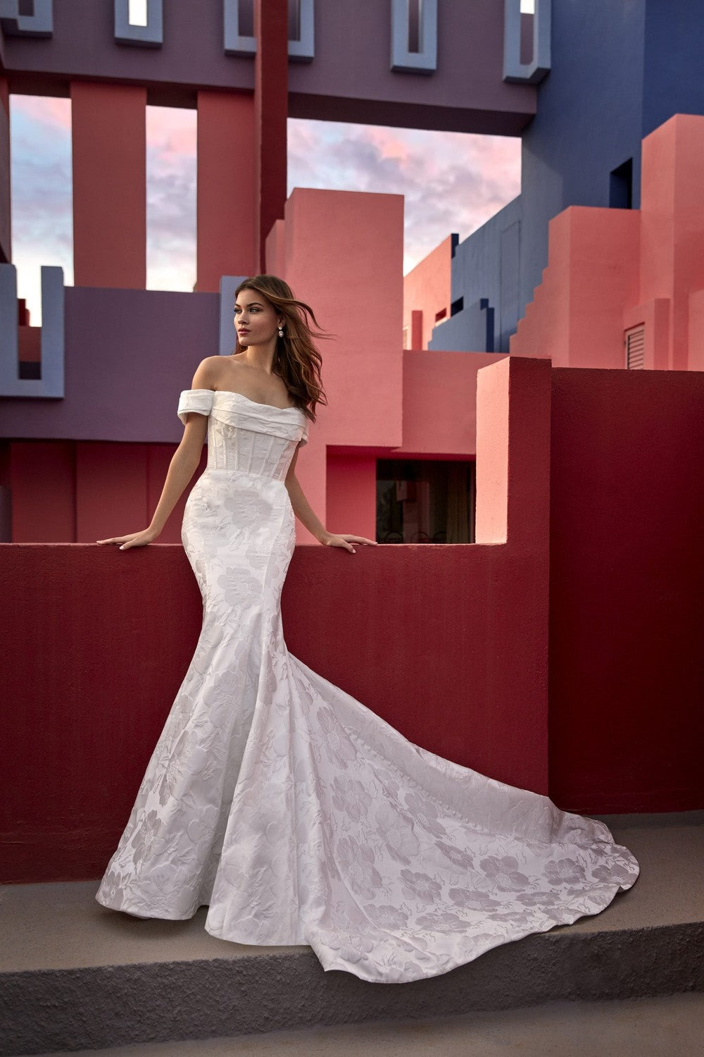 Off-the-Shoulder Jacquard Fit-and-Flare Wedding Dress With Buttons by Madison James — image 1 of 2