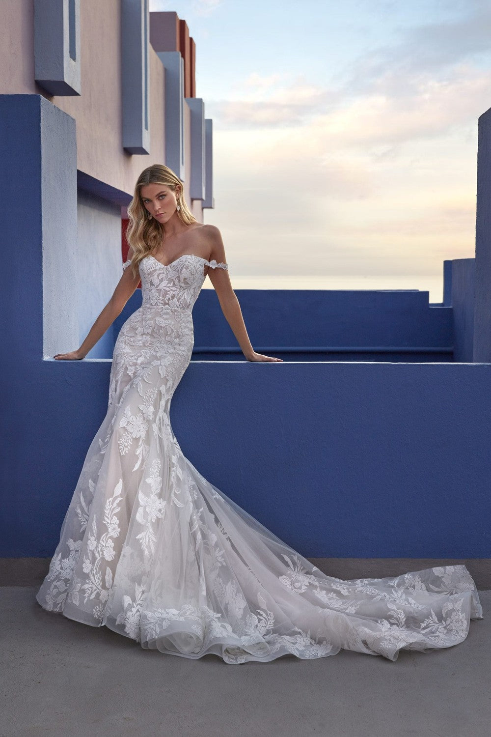 Off-The-Shoulder Floral-Embroidered Fit-and-Flare Wedding Dress by Madison James — image 1 of 2
