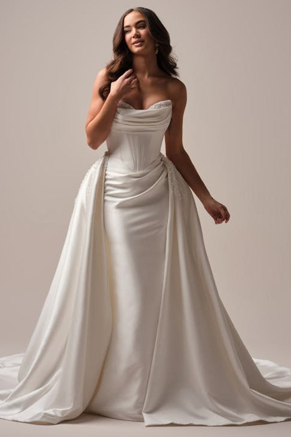 Chic Pearl-Embellished Fit-And-Flare Wedding Dress With Overskirt