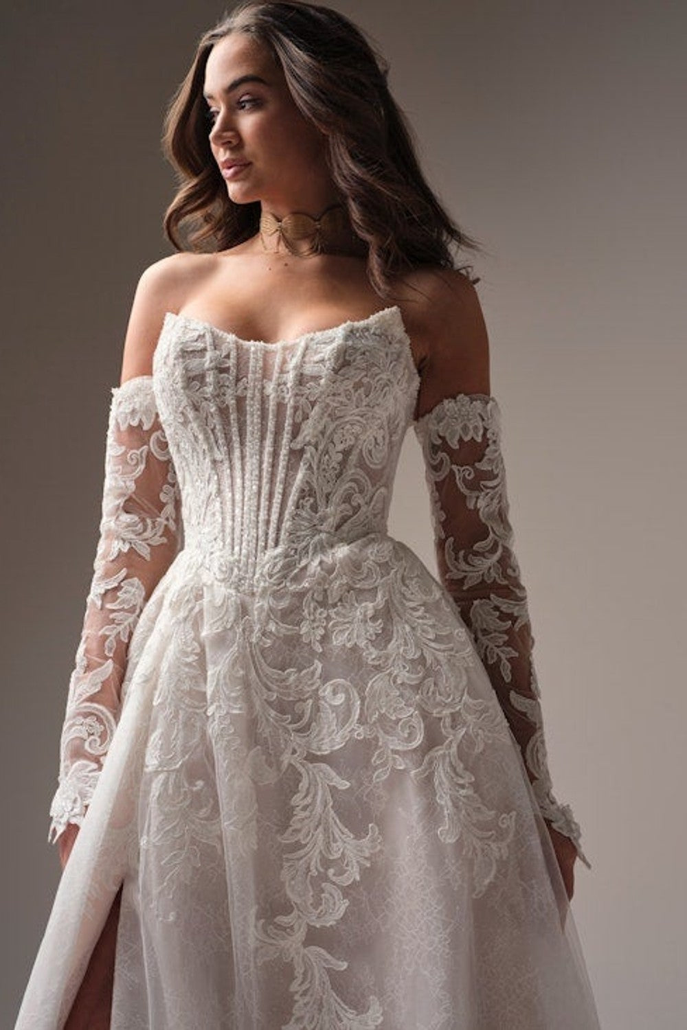 Glamorous And Sparkly Basque-Waist A-Line Wedding Dress With Slit by Maggie Sottero — image 2 of 5