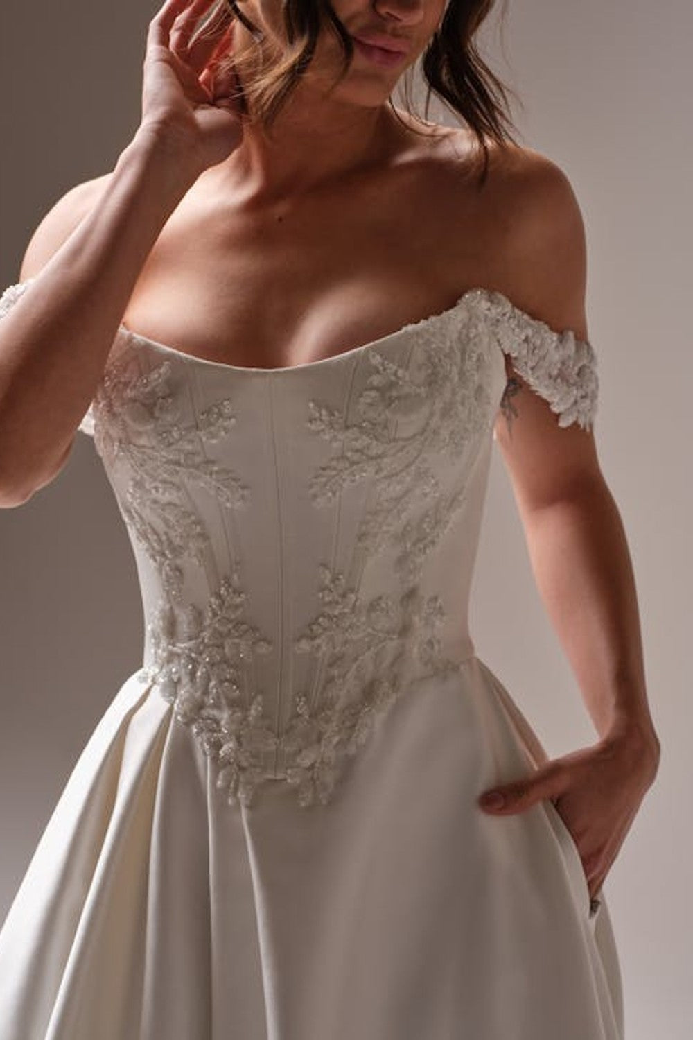 Modern And Elegant Embellished Satin A-Line Wedding Dress With Detachable Accessories by Maggie Sottero — image 3 of 5