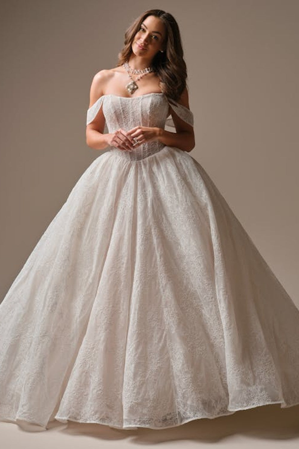 Romantic And Sparkly Basque-Waist Lace Ball Gown With Buttons