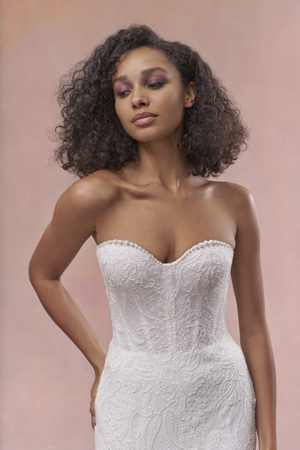 Modern Lace Mermaid Gown With Delicate Pearl Accents by Maria Farbinni — image 2 of 3