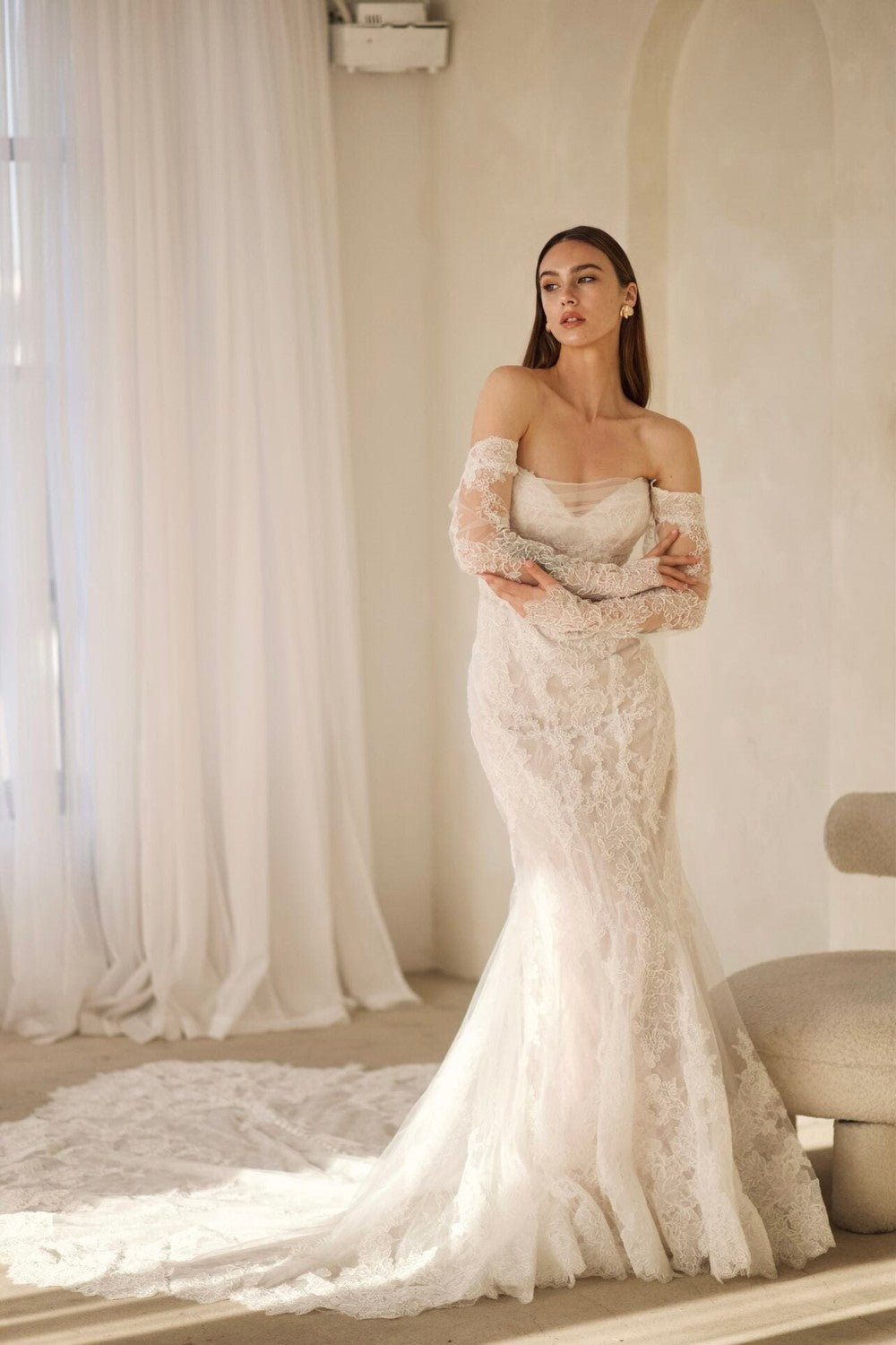 Chic And Romantic Lace Fit-and-Flare Dress With Detachable Sleeves by Martina Liana — image 1 of 2