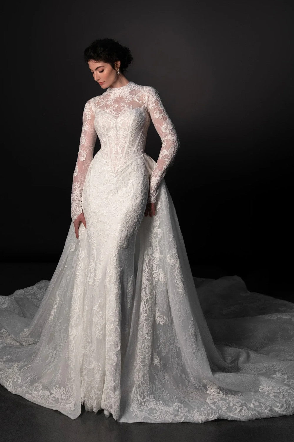High-Neck Long Sleeve Lace Fit-And-Flare Wedding Dress With Detachable Overskirt by Martina Liana — image 2 of 5