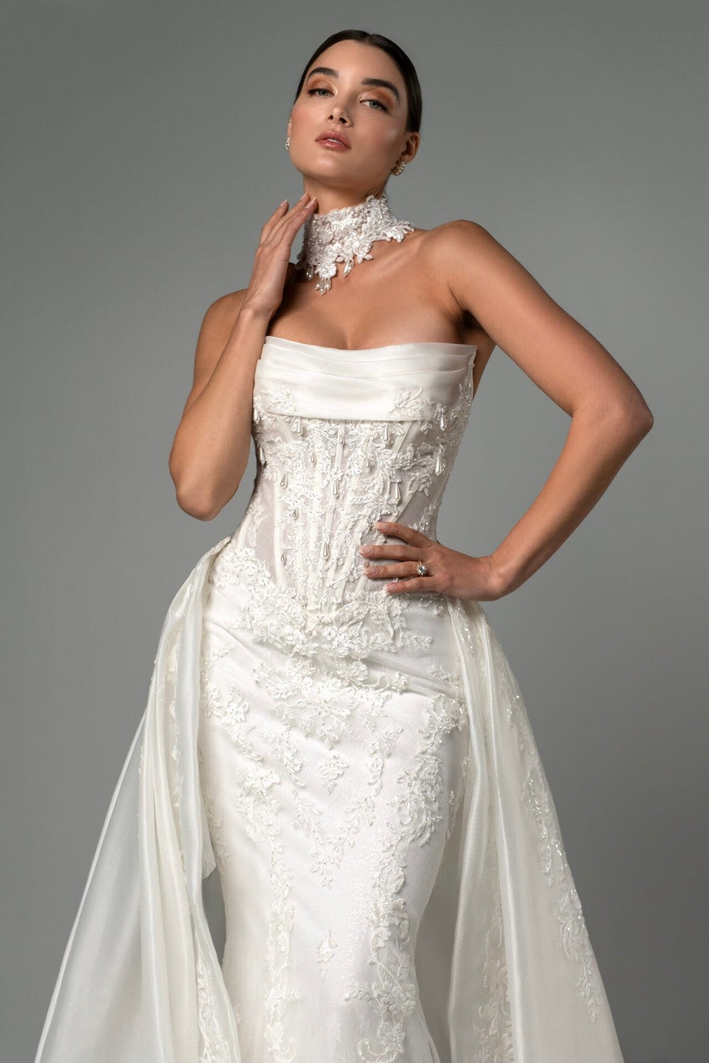 Dramatic Basque-Waist Fit-And-Flare Wedding Dress With Detachable Overskirt by Martina Liana Luxe — image 2 of 3