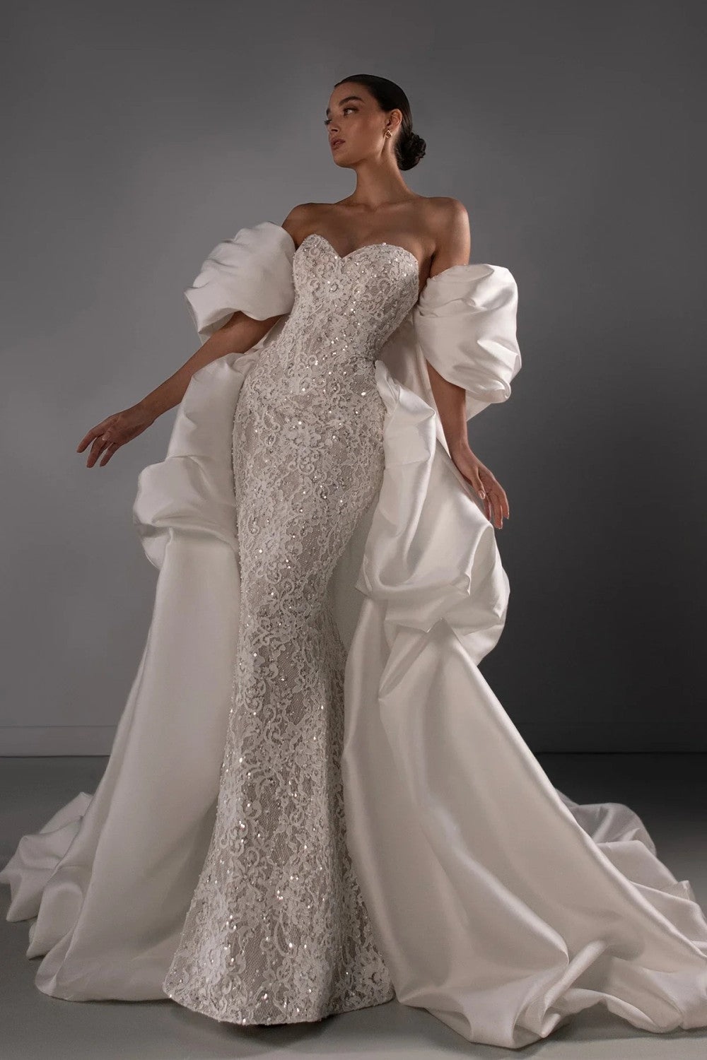 Embellished Lace Sheath Wedding Dress With Detachable Shawl And Overskirt by Martina Liana Luxe — image 1 of 7
