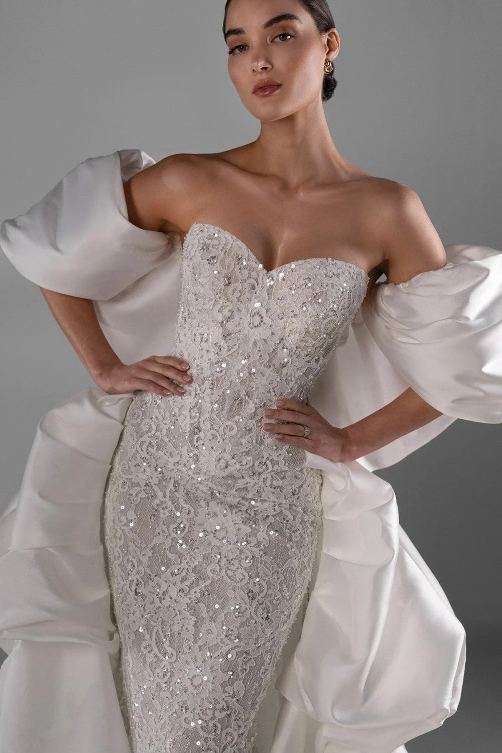 Embellished Lace Sheath Wedding Dress With Detachable Shawl And Overskirt by Martina Liana Luxe — image 2 of 7