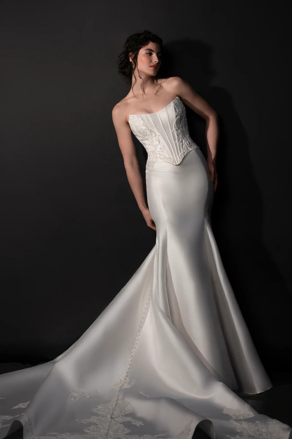 Modern Silk Basque-Waist Fit-And-Flare Wedding Dress With Buttons by Martina Liana — image 2 of 3