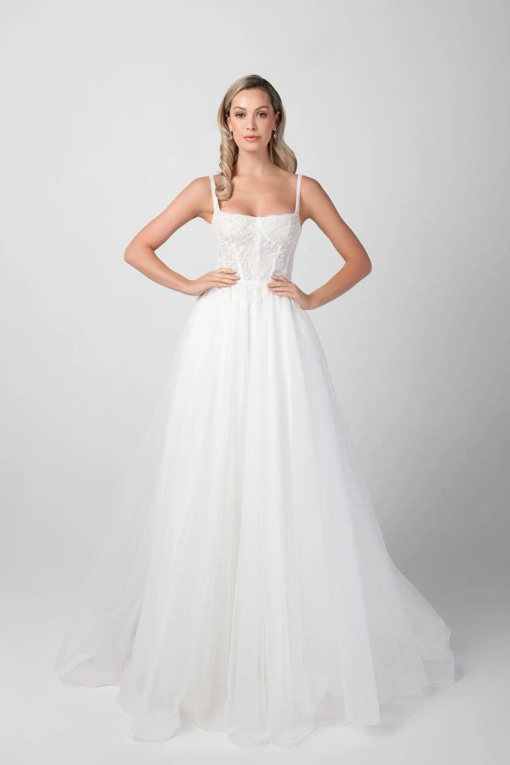 Chic And Modern Square-Neck Beaded A-Line Wedding Dress by Michelle Roth — image 1 of 2