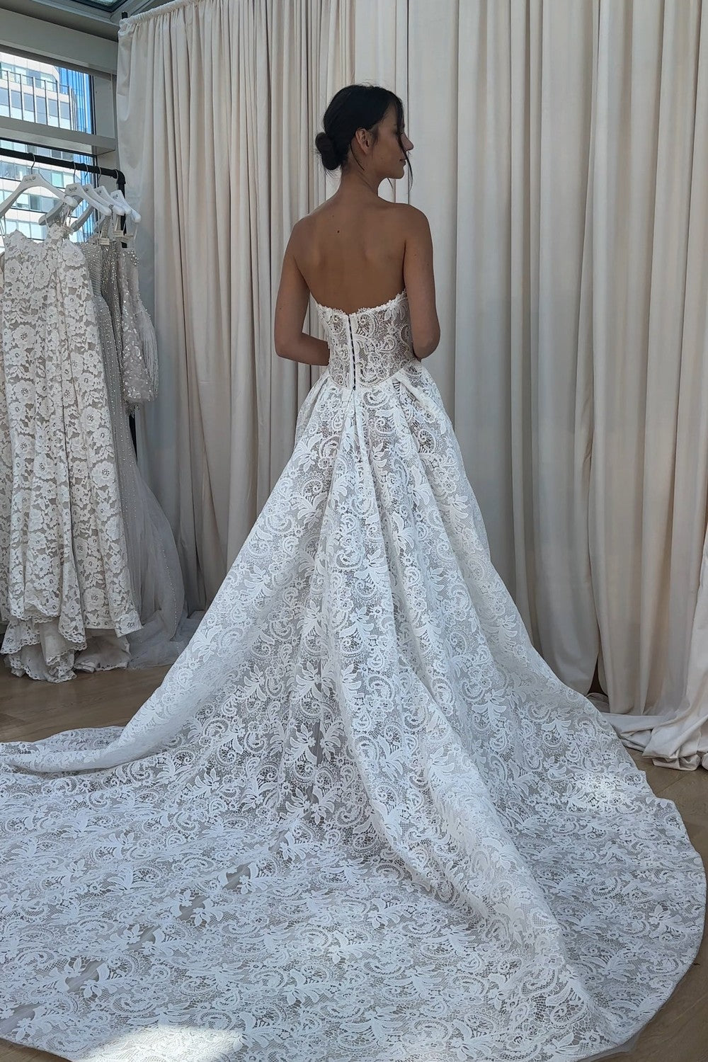 Chic And Feminine Pearl-Adorned Lace Basque-Waist Ball Gown by Netta BenShabu Elite Couture — image 2 of 2