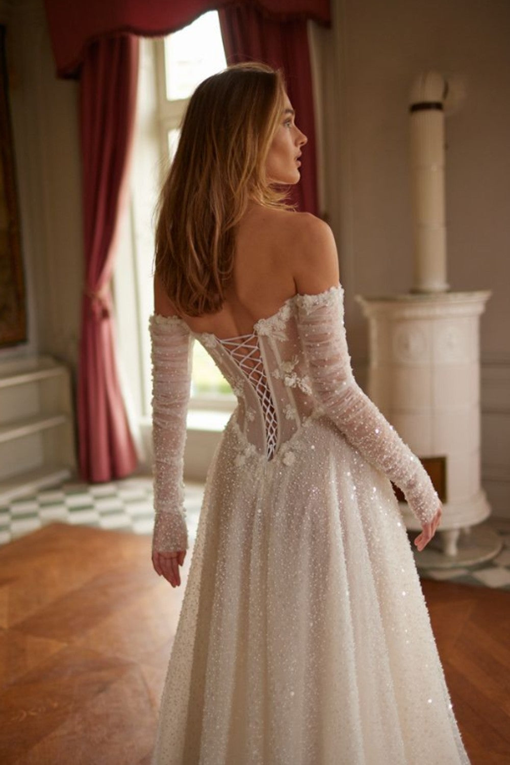 Embellished Basque-Waist A-Line With Off-the-Shoulder Long Sleeves by Netta BenShabu Elite Couture — image 2 of 2