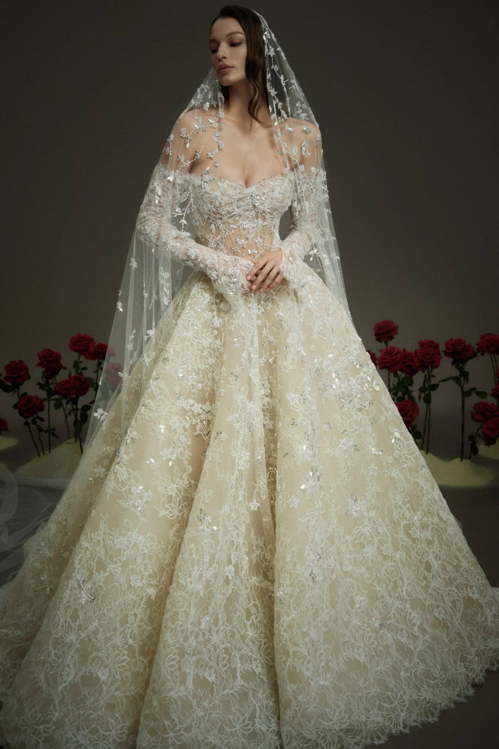 Elegant Embellished Lace Off-The-Shoulder Long Sleeve Ball Gown by Nicole + Felicia — image 1 of 3