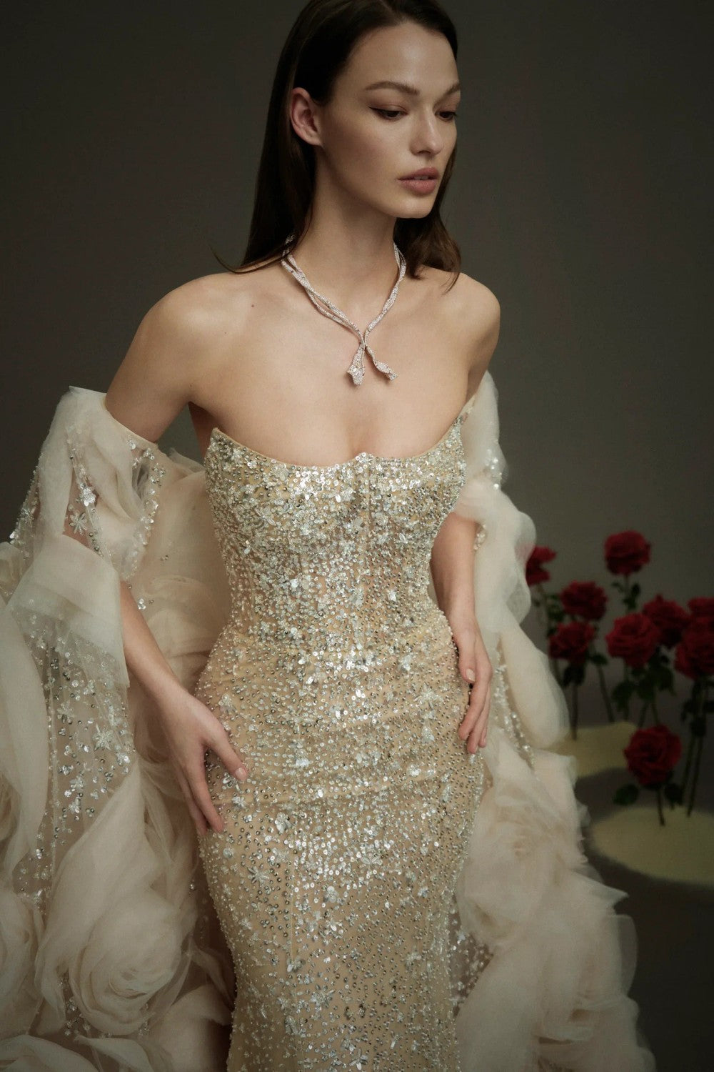 Embellished Sheath Wedding Dress With Detachable 3D Floral Cape by Nicole + Felicia — image 2 of 3
