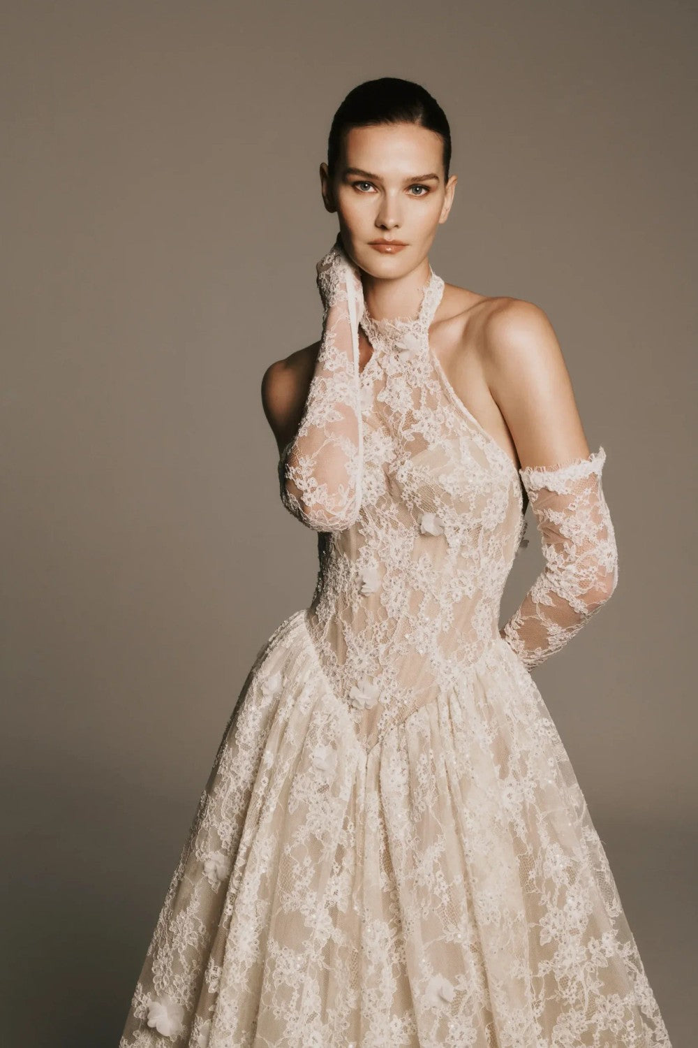 Halter-Neck Basque-Waist Lace Ball Gown With Gloves by Nicole + Felicia For Kleinfeld — image 2 of 3