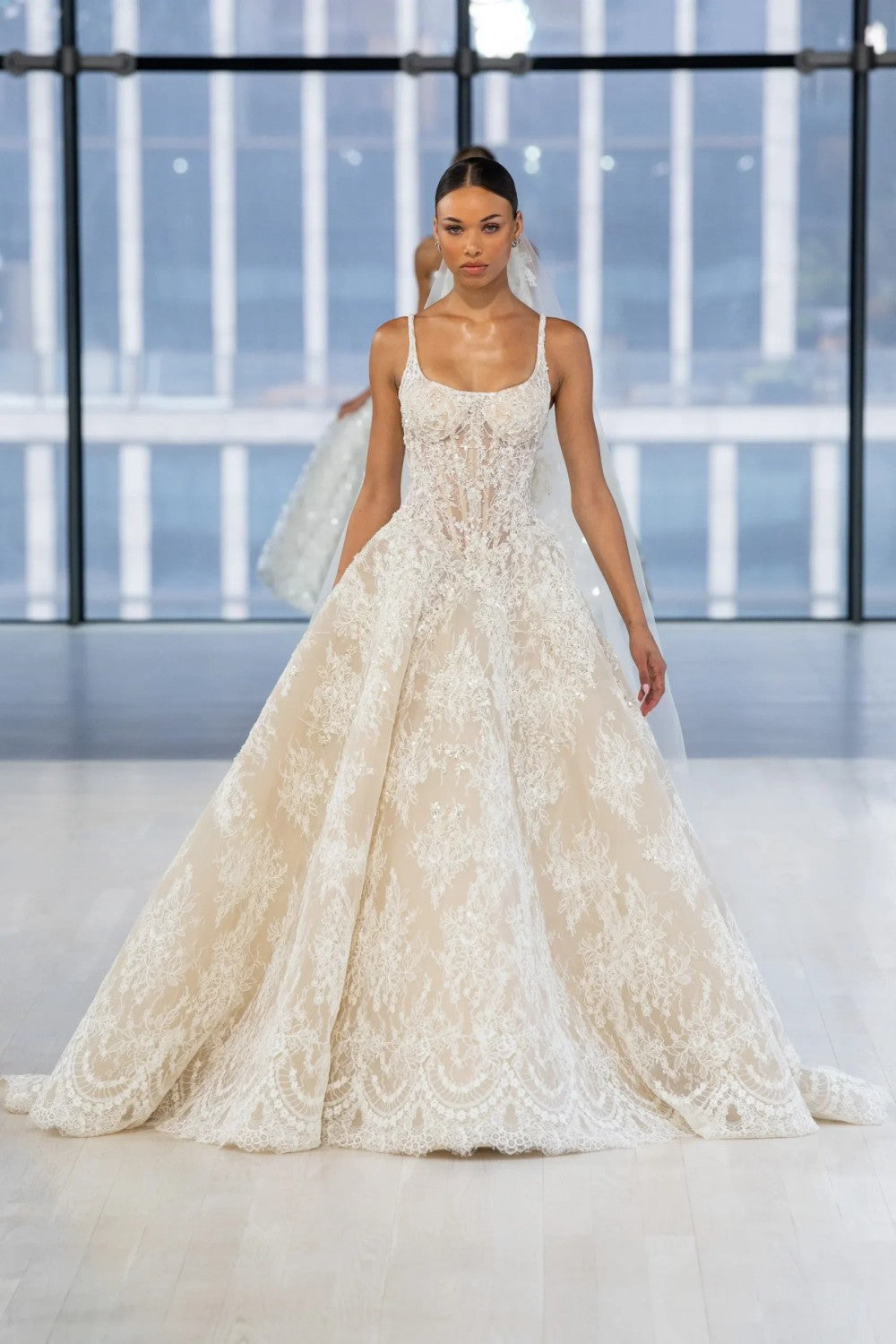 Scoop-Neck Lace Ball Gown by Nicole + Felicia