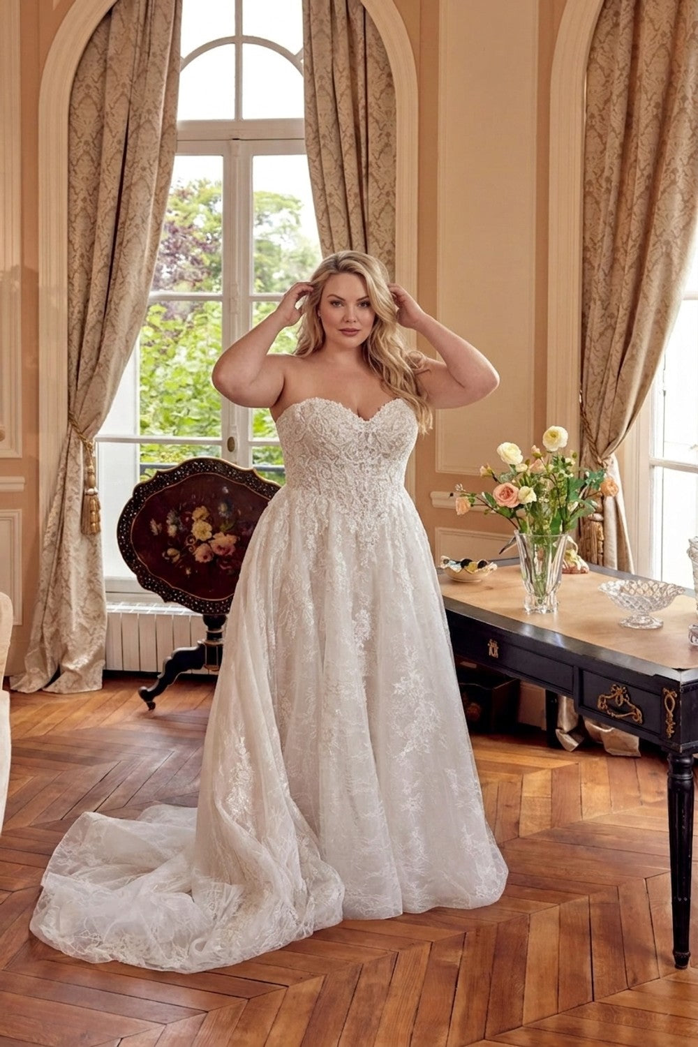 Plus-Size Strapless Lace A-Line Wedding Dress with Beading — plus-size render
