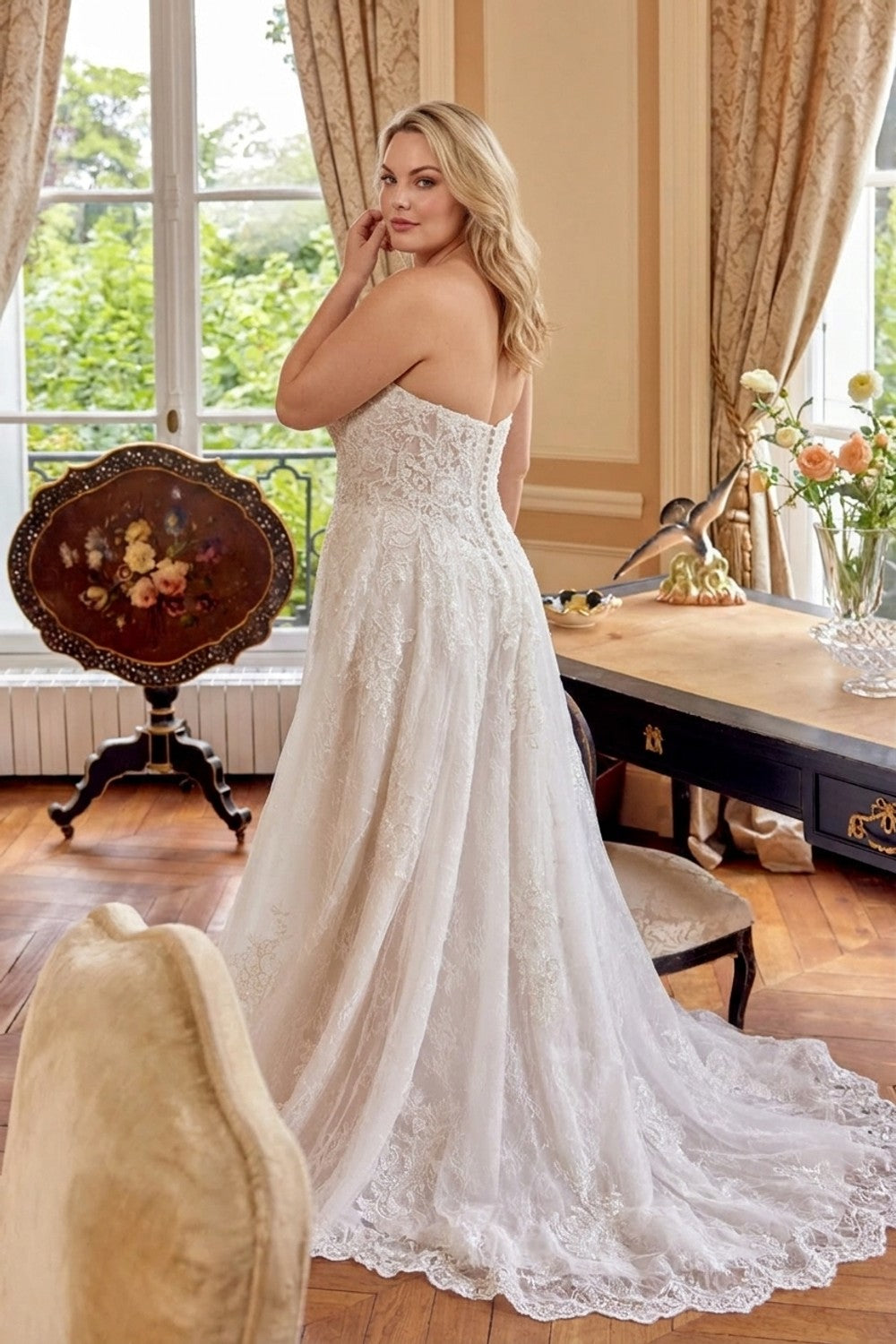 Plus-Size Strapless Lace A-Line Wedding Dress with Beading — plus-size render