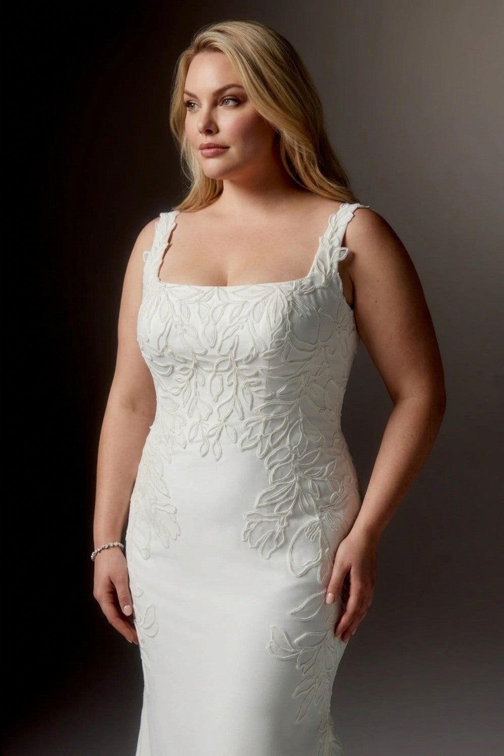 Plus-Size Square Neck Fit-And-Flare Wedding Dress with Ivory Embroidered Soutache Throughout — plus-size render